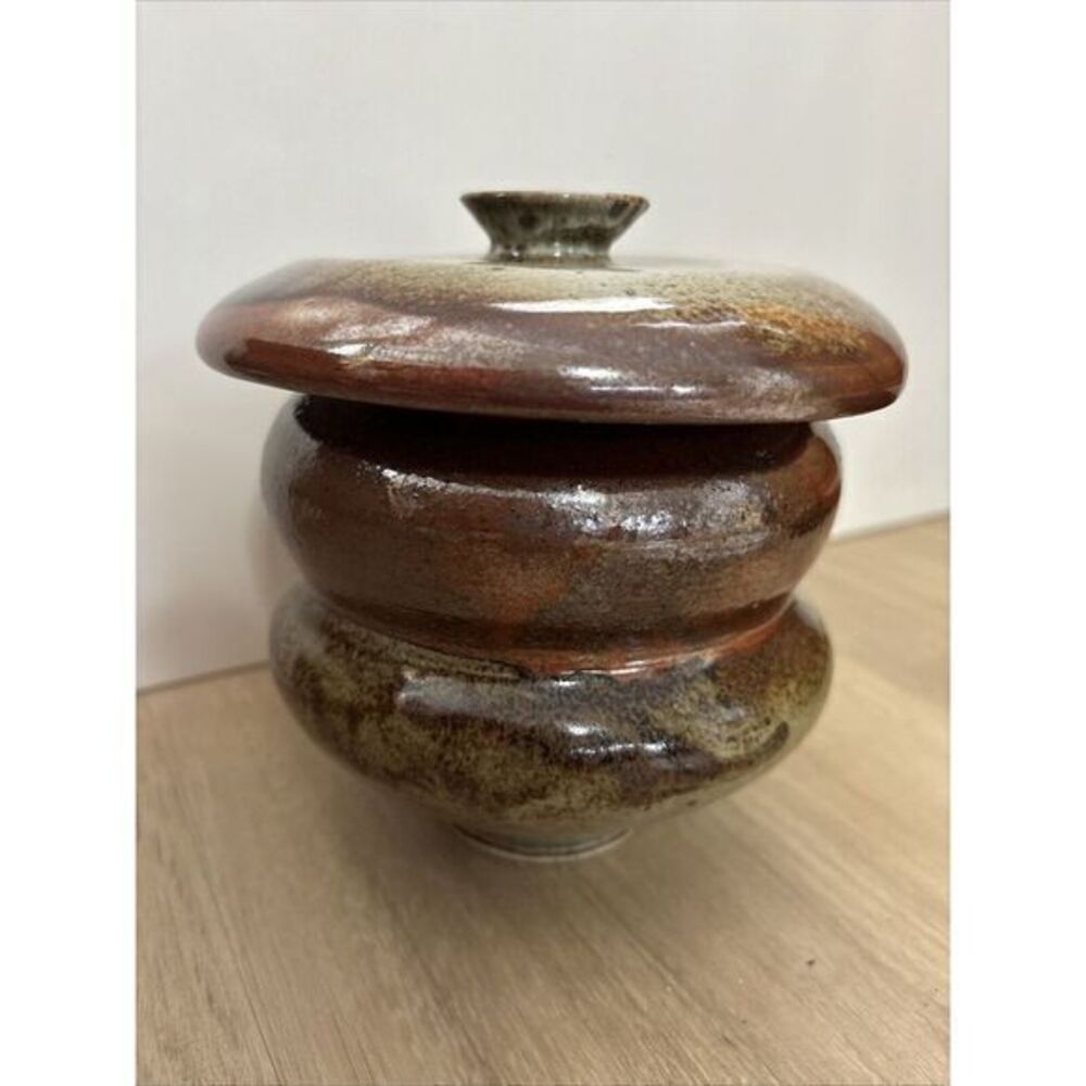 Signed Studio Art Pottery Drip Glaze Pot/Crock 6"x5" W/ Lid  Butter‎ Bell
